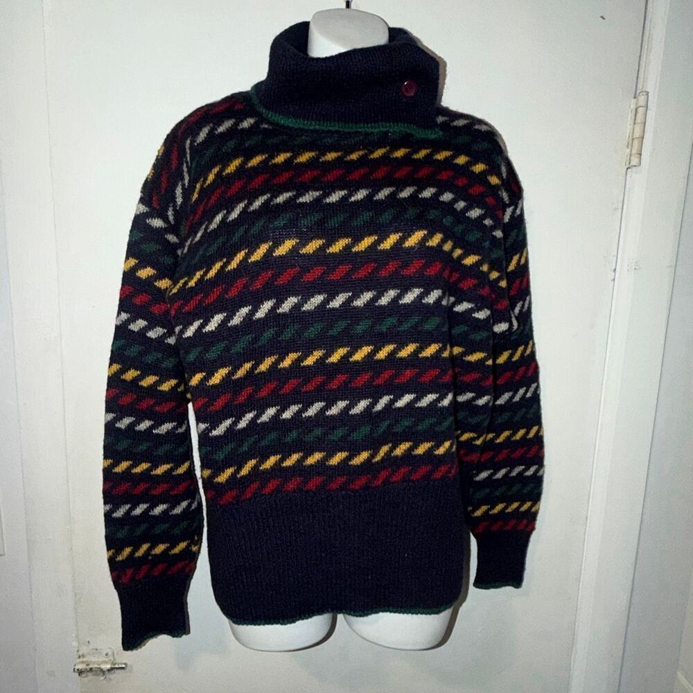 VINTAGE POINTELLE Multicolor Wool Blend Split Cowl Neck Sweater-M